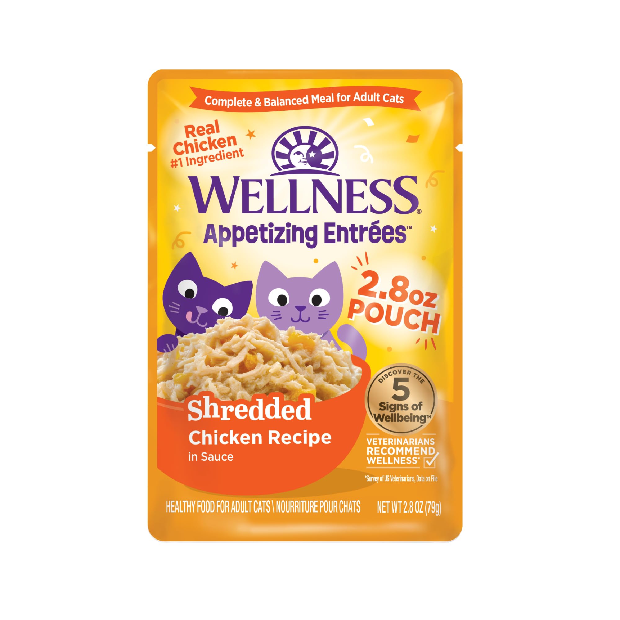 Wellness Appetizing Entrées chicken pouch open, showing protein-rich chunks for adult cats.