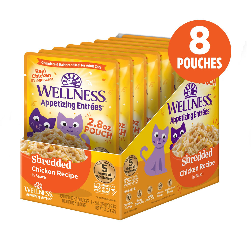 Wellness Appetizing Entrées shredded chicken texture close-up highlights tender, protein-rich bites.