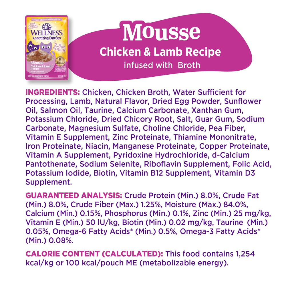 Wellness Appetizing Mousse cat meal time on counter suggests easy serving