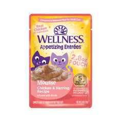 Wellness Appetizing Mousse chicken-herring-bowl showing protein-rich meal for adult cats.