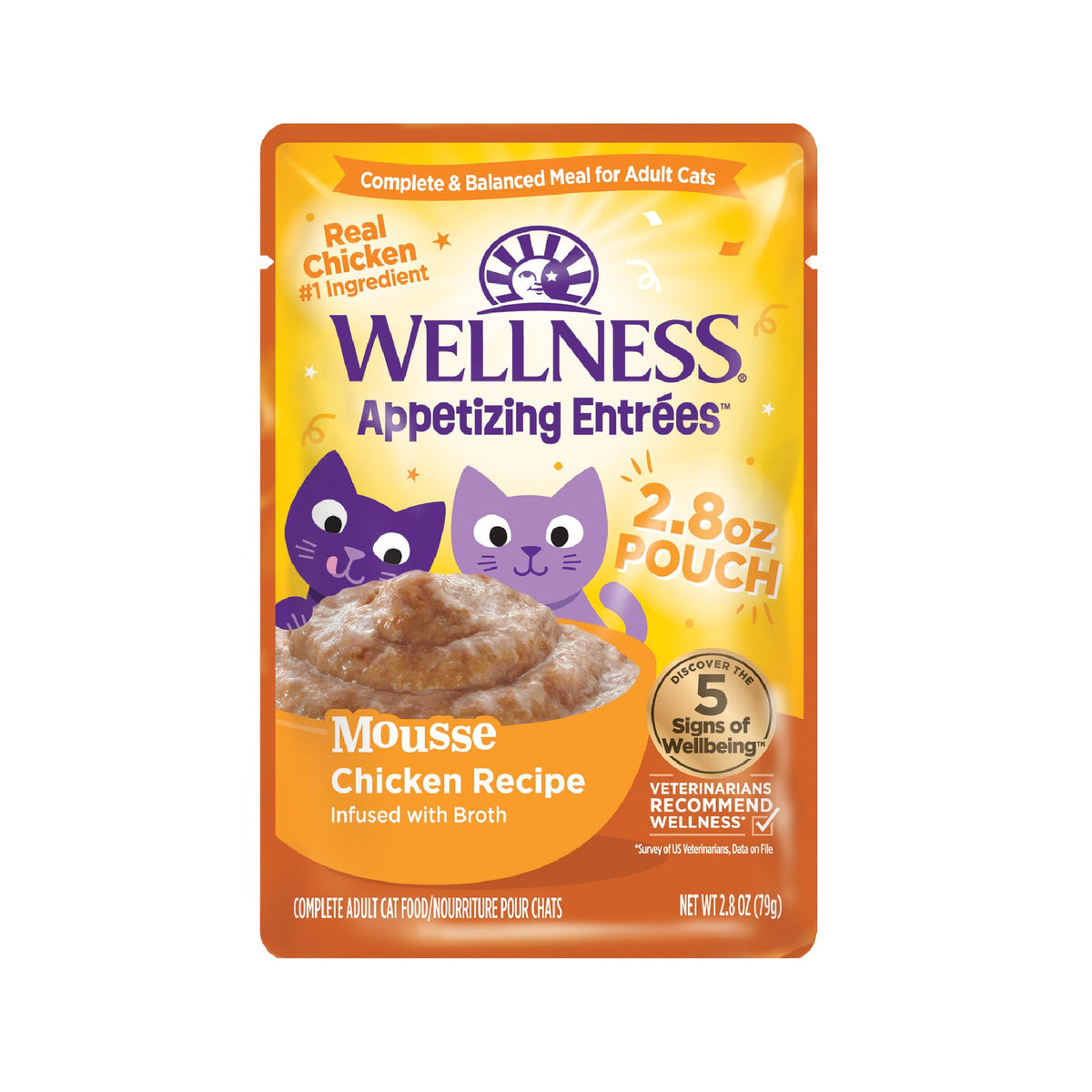 Wellness Appetizing Mousse Chicken Recipe bowl shows protein-rich, tasty meal for adult cats