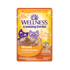 Wellness Appetizing Mousse Chicken Recipe bowl shows protein-rich, tasty meal for adult cats