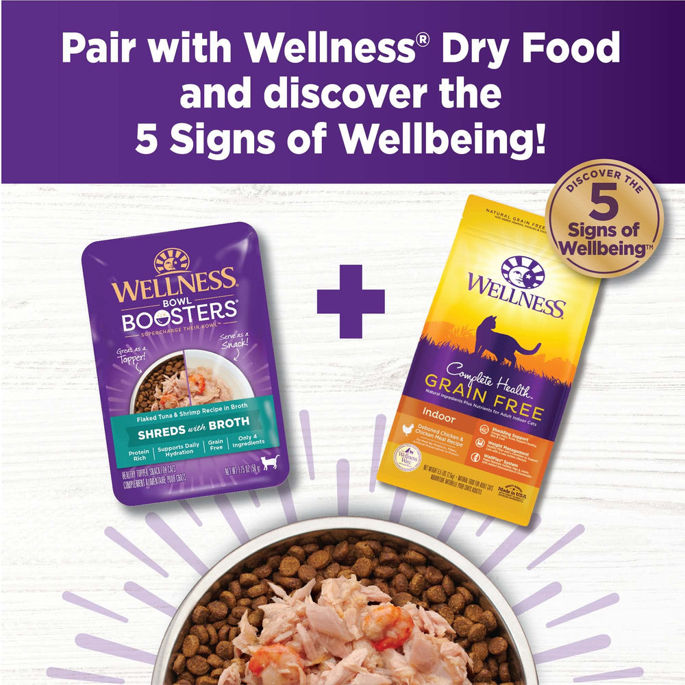 Wellness Bowl Boosters cat-friendly recipe crafted by nutritionists and veterinarians.