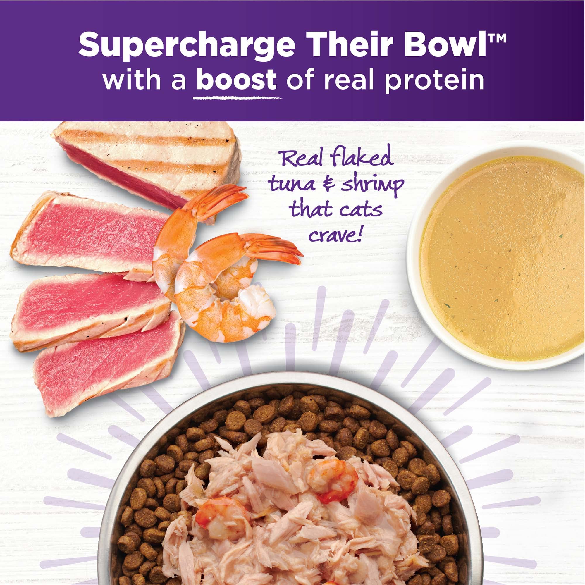 Wellness Bowl Boosters flaked tuna shrimp adds savory moisture to meals.