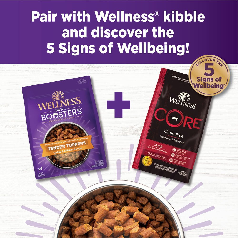 Front label confirms grain-free turkey and chicken recipe for Wellness Bowl Boosters