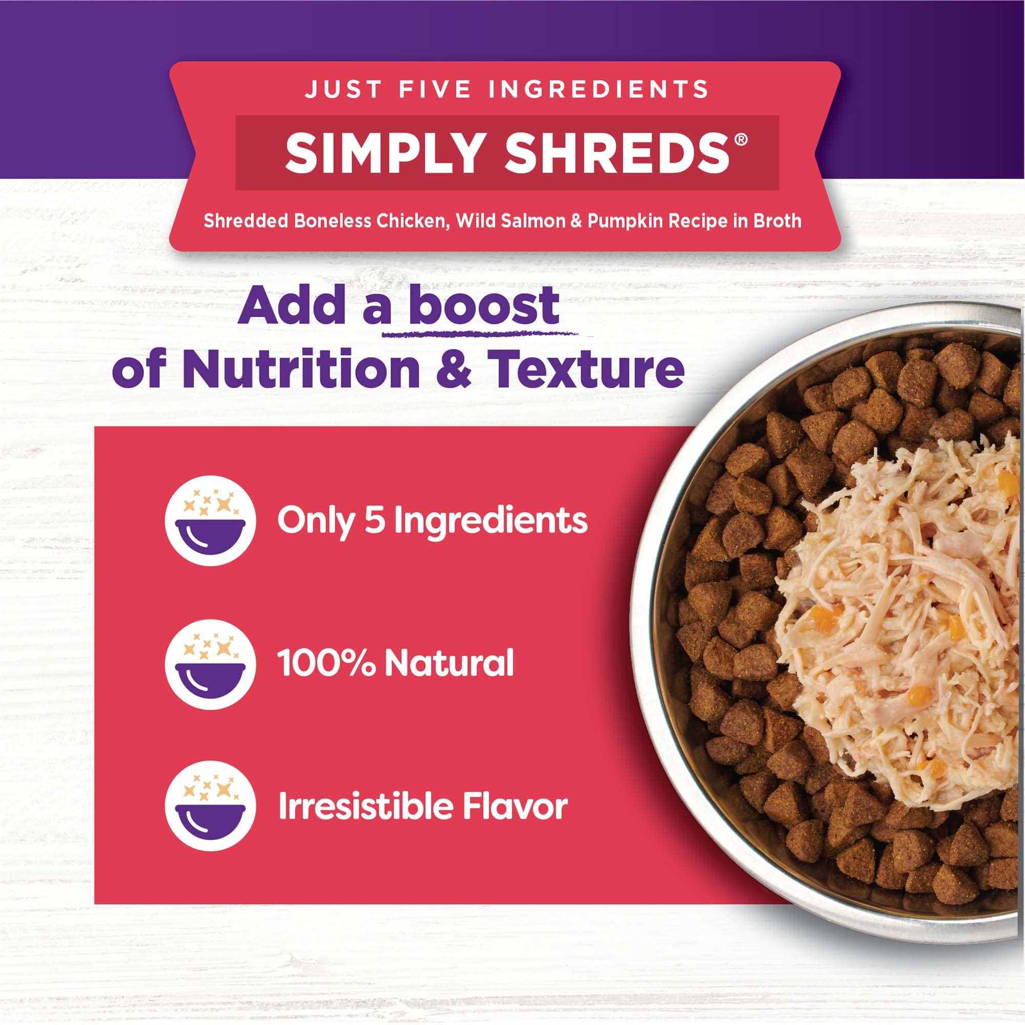 Wellness Bowl Boosters Simply Shreds grain-free label highlights natural ingredients.