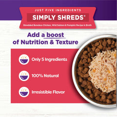 Wellness Bowl Boosters Simply Shreds grain-free label highlights natural ingredients.