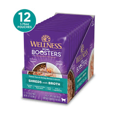 Wellness Bowl Boosters grain-free topper pouch delivers protein-rich tuna and shrimp.
