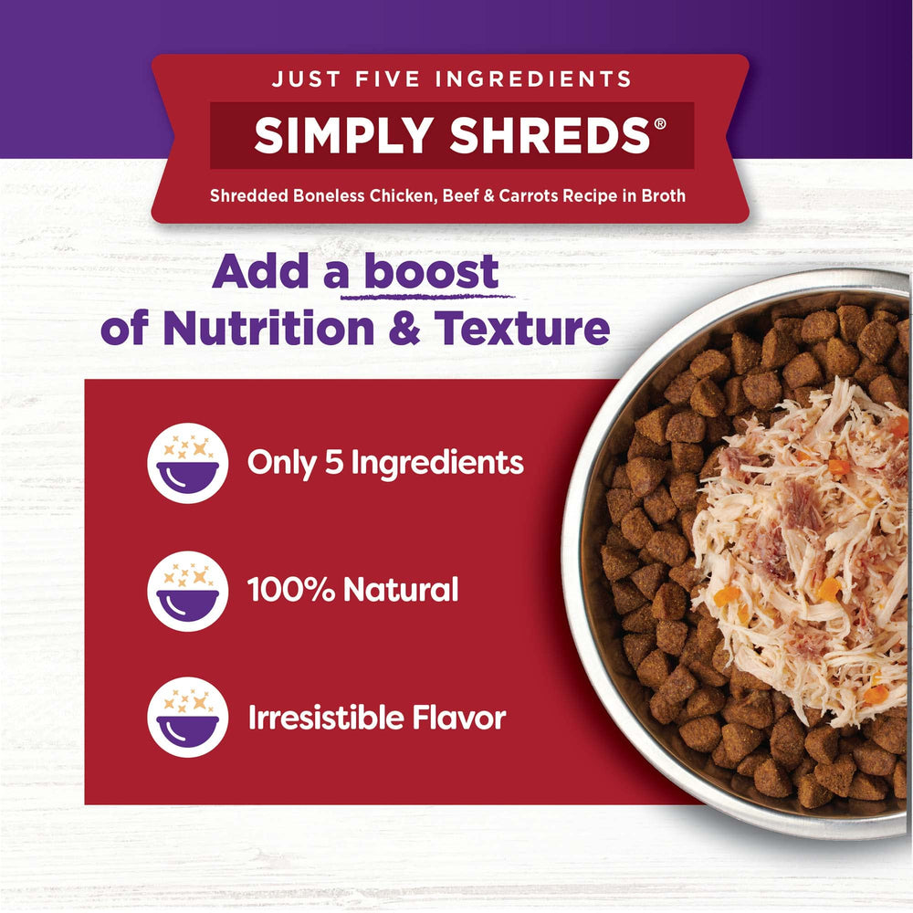 Wellness Bowl Boosters Simply Shreds poured over dry food for texture enhancement.