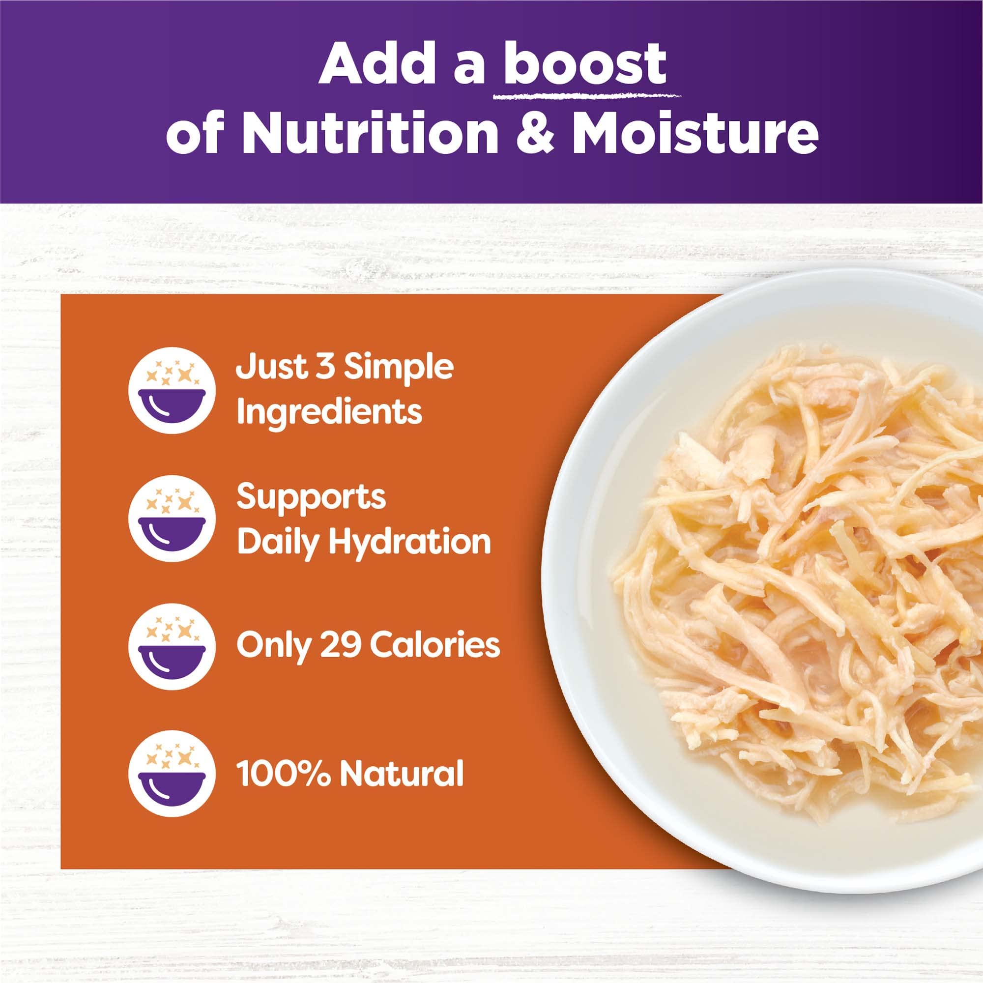 Wellness Bowl Boosters shredded-chicken-in-broth shows moisture-rich topping