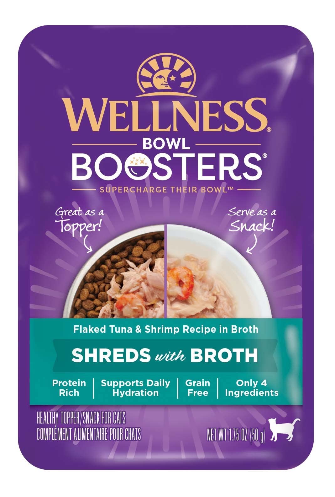 Wellness Bowl Boosters shreds in broth tuna shrimp, a hydrating topper for meals.