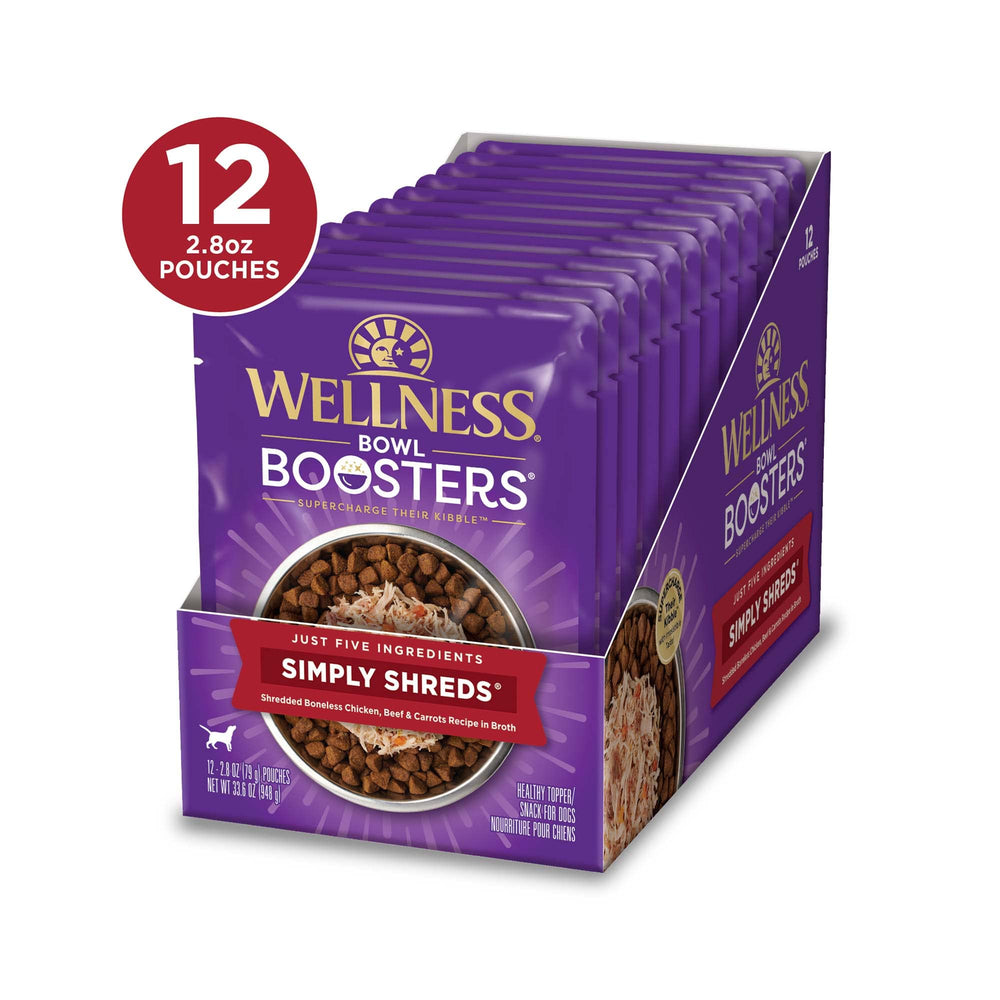 Simply Shreds beef and carrots pouch ready to top bowls for dogs