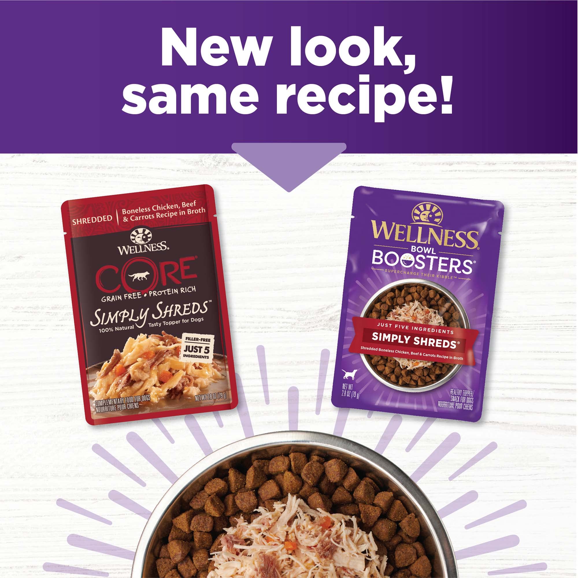 Shredded protein and veggie bits in Simply Shreds for canine meals