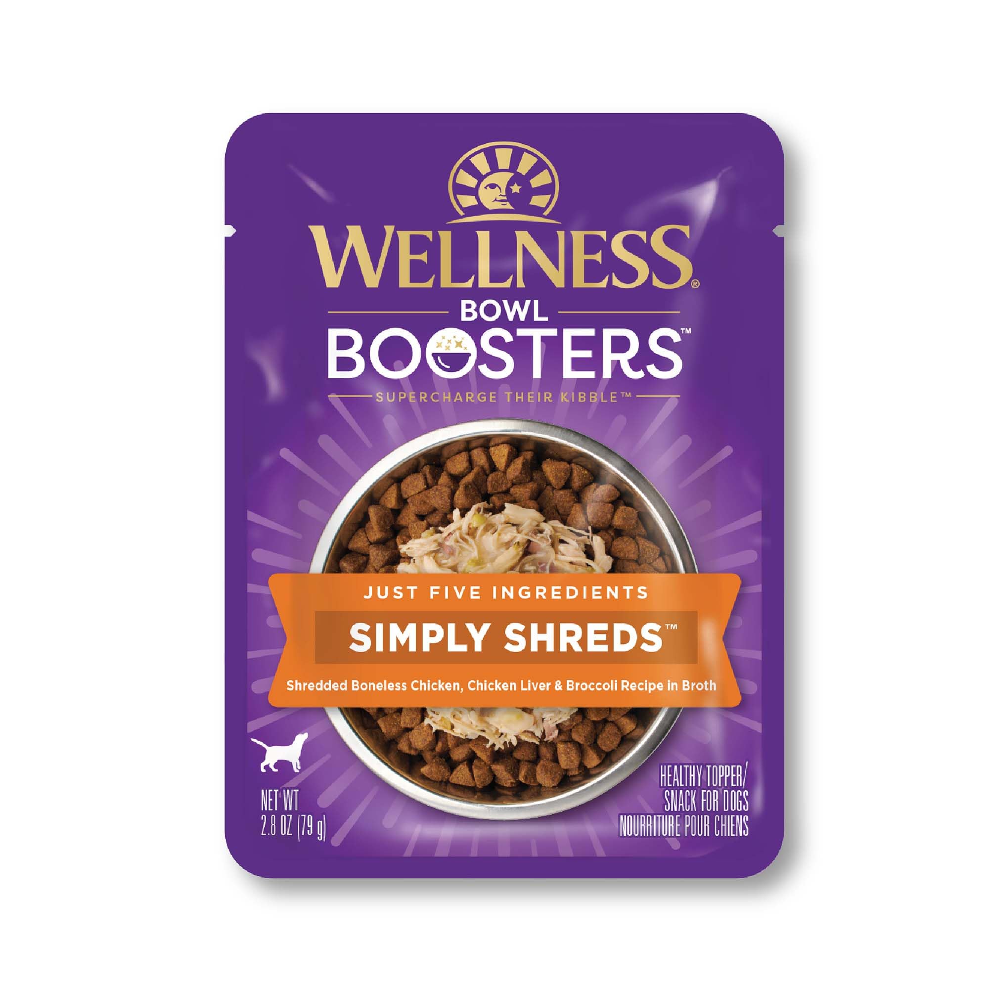 Wellness Bowl Boosters Simply Shreds 12-pack display showing packaging and pouches
