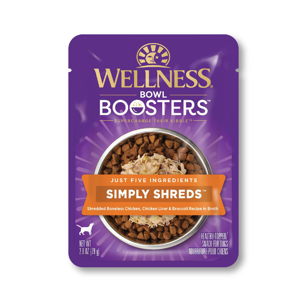Wellness Bowl Boosters Simply Shreds 12-pack display showing packaging and pouches