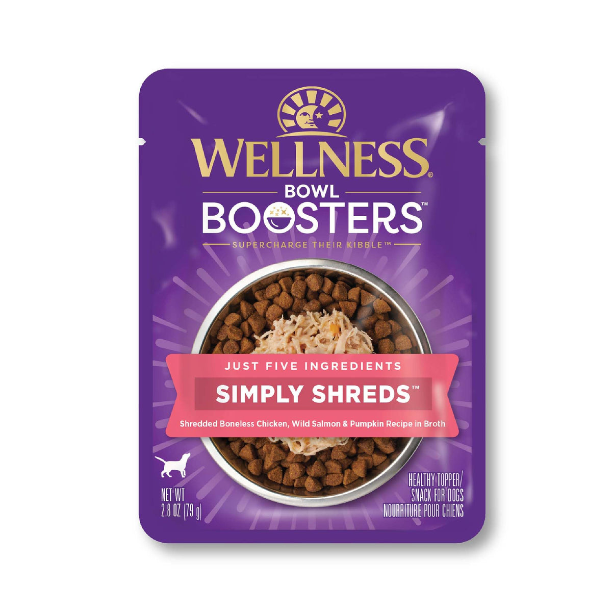Wellness Bowl Boosters Simply Shreds pouch closeup, grain-free salmon and pumpkin topping.