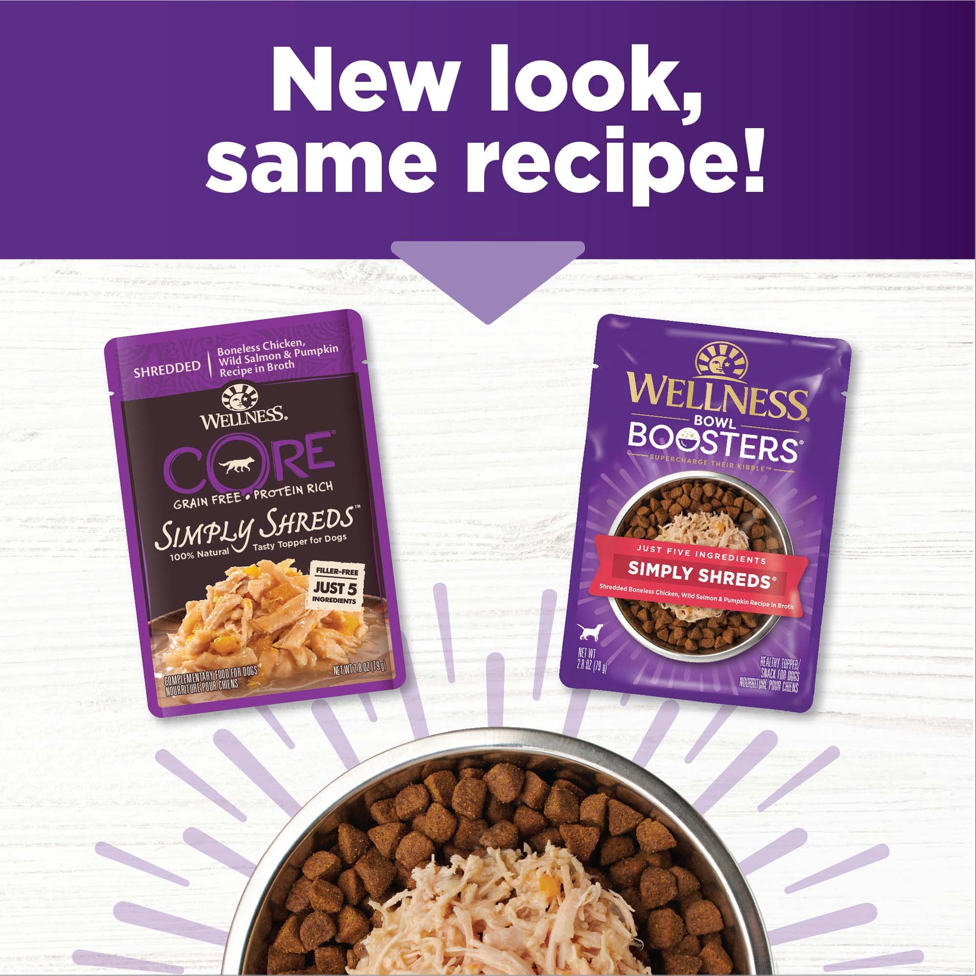 Wellness Bowl Boosters Simply Shreds salmon pumpkin ingredients highlight natural protein and veggies.