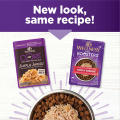 Wellness Bowl Boosters Simply Shreds salmon pumpkin ingredients highlight natural protein and veggies.
