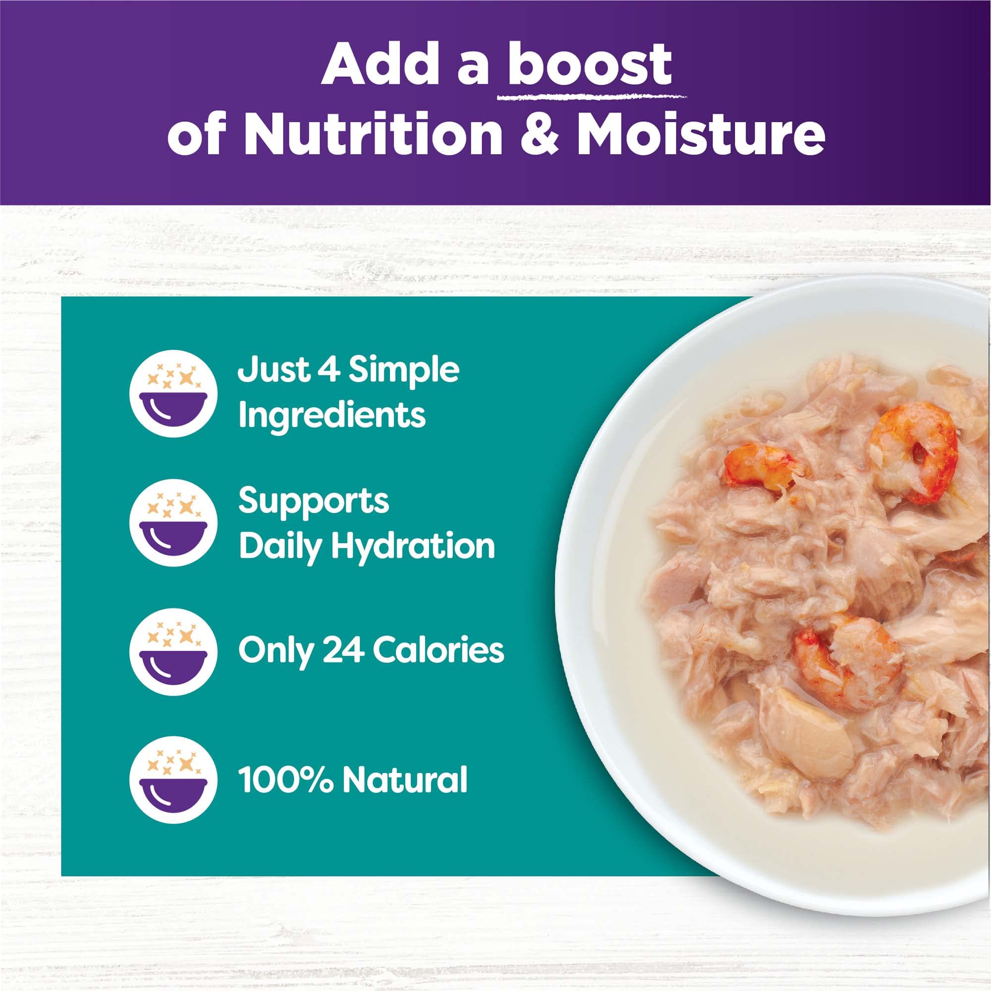 Wellness Bowl Boosters wet cat food topper offers a convenient mess-free snack.