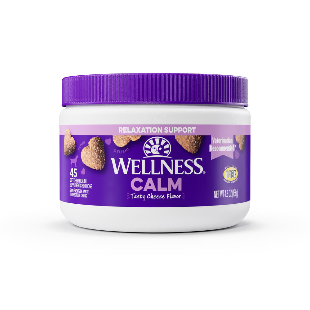 Wellnes Calming Soft Chews bottle label showing dog calming benefits.