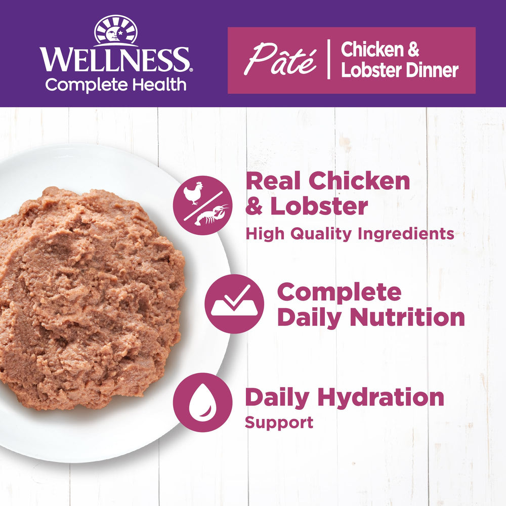 Close-up of Wellness chicken and lobster pate can, real meat first ingredient.