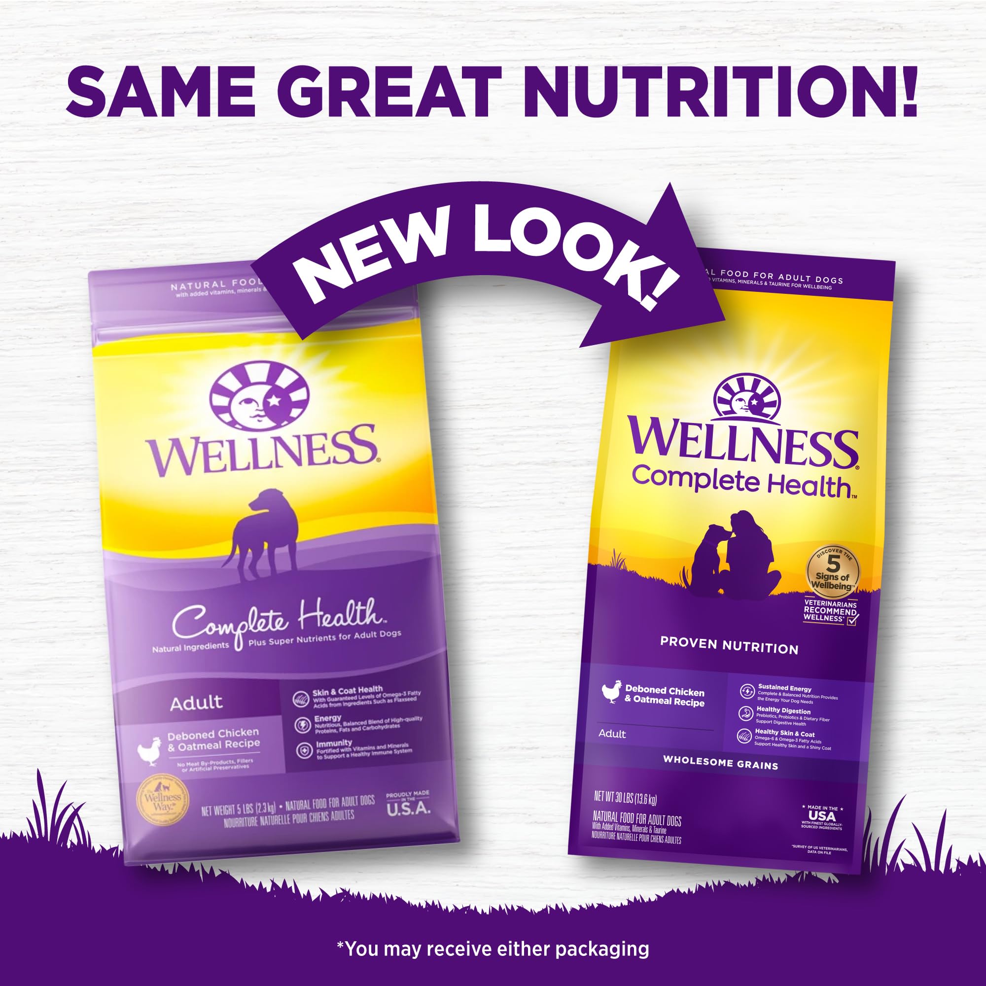 Wellness Complete Health 30 lb bag packaging shown for convenient storage