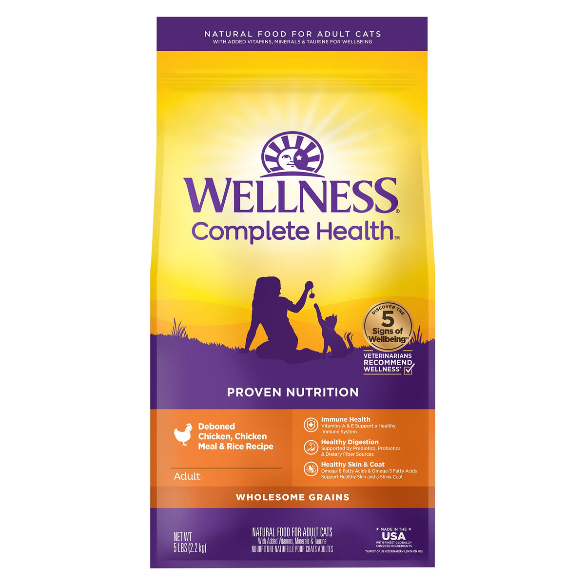 Wellness Complete Health chicken kibble close-up in a 5-pound bag, real chicken first ingredient