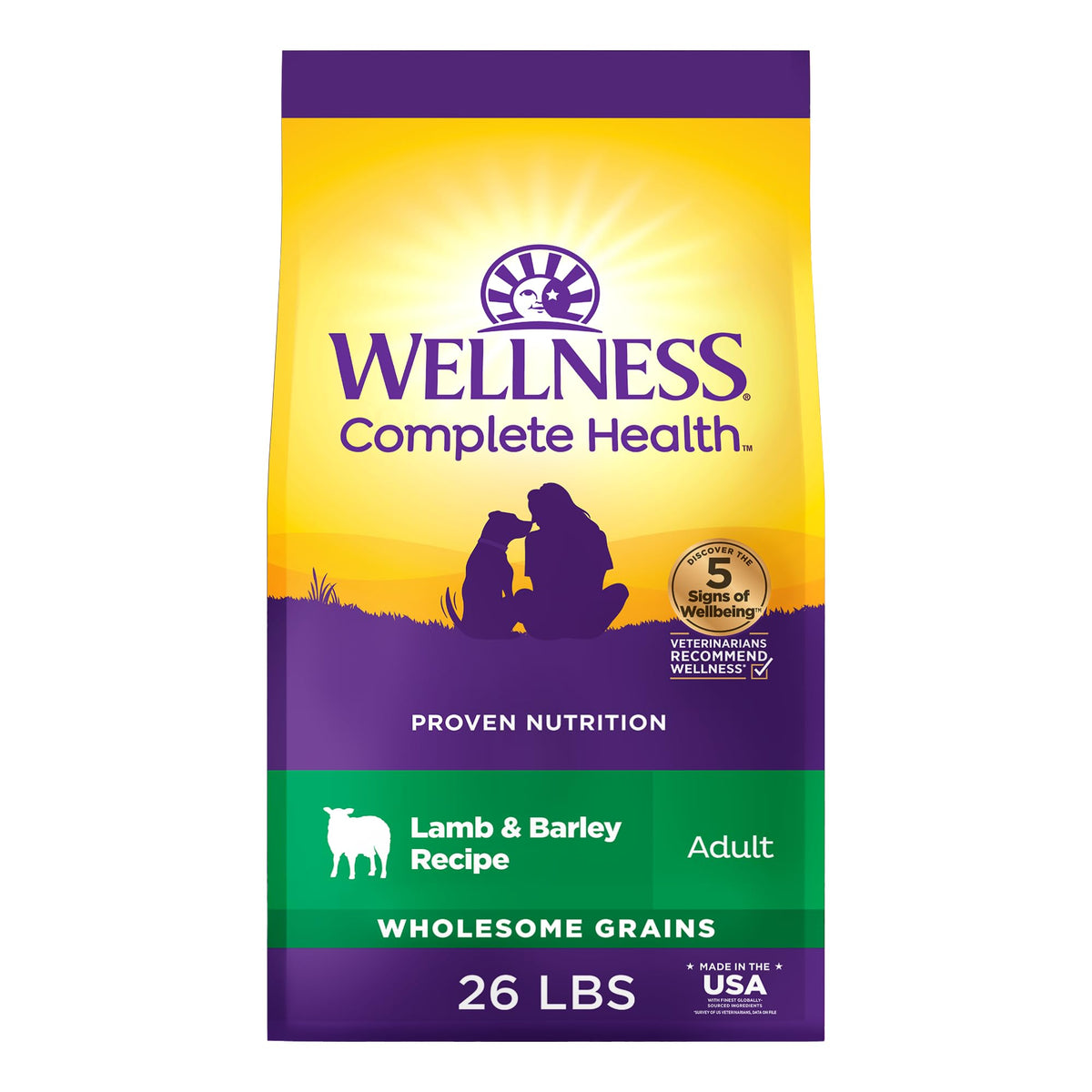 Wellness Complete Health Lamb and Barley bag shows premium ingredients for everyday energy.
