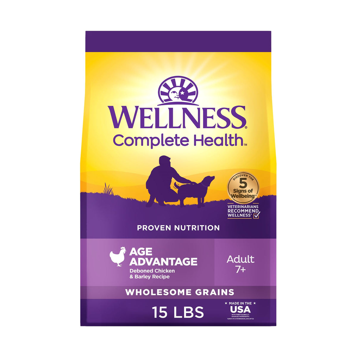 Wellness Complete Health Age Advantage dry dog food bag showing senior formula and packaging benefits