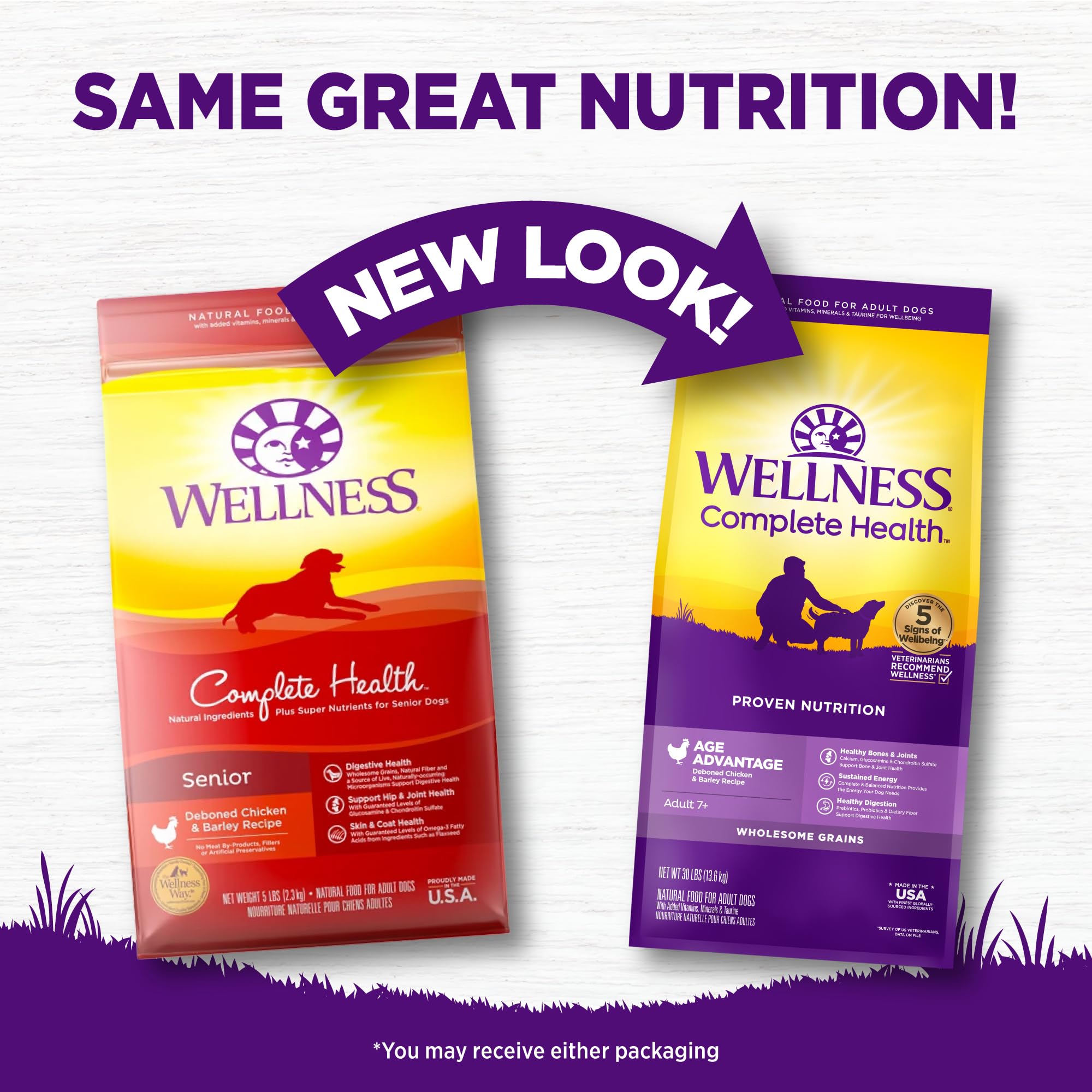 Wellness Complete Health Age Advantage chicken and barley ingredients in a bowl.