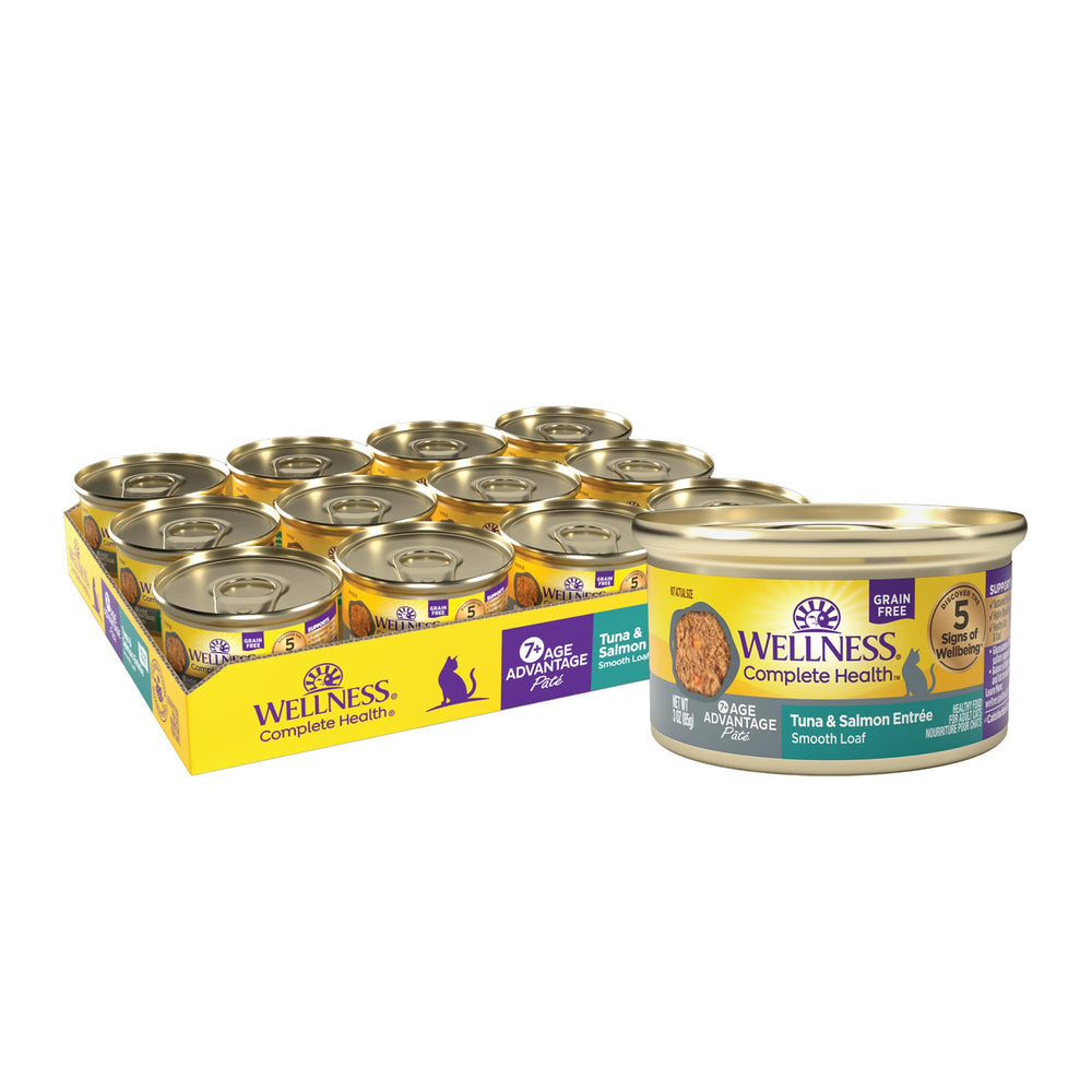Wellness Complete Health Age Advantage senior cat can tuna-salmon entrée—grain-free protein-rich nutrition