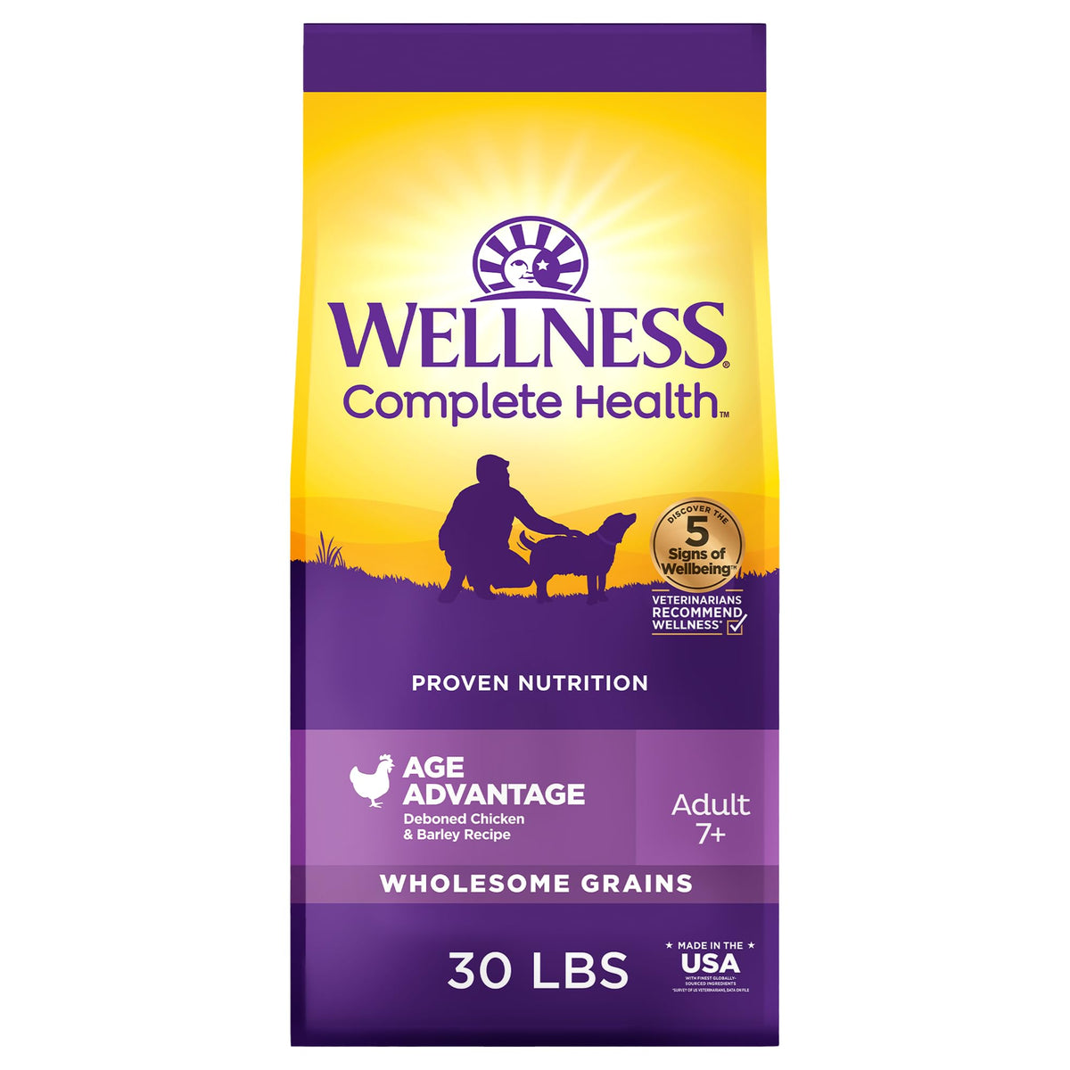 Wellness Complete Health Age Advantage senior dog food bag promotes whole-body health.