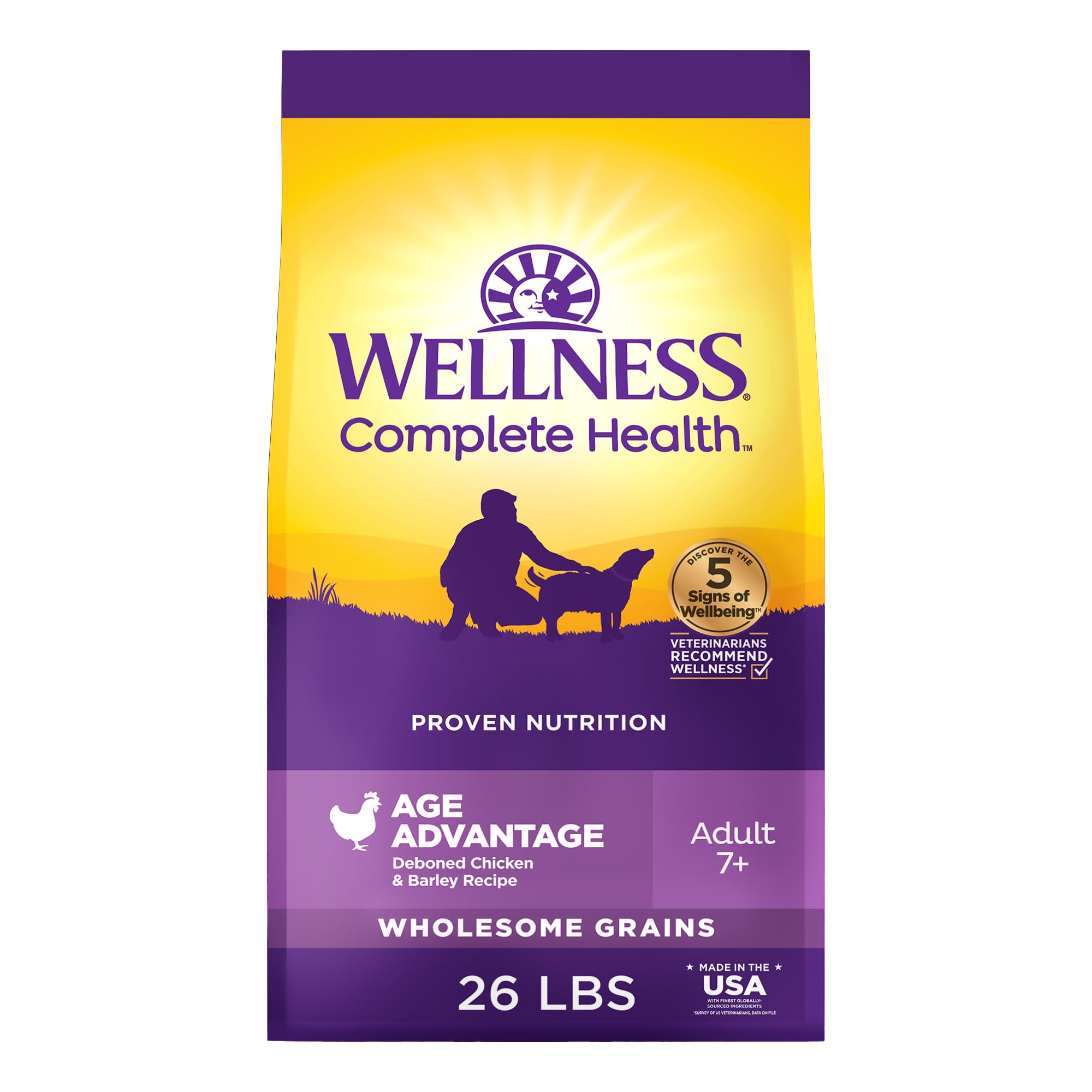 Wellness Complete Health Age Advantage senior dry dog food bag promotes easy daily feeding.