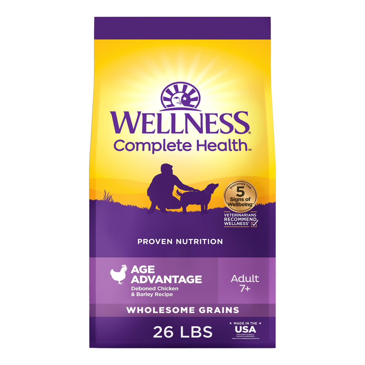 Wellness Complete Health Age Advantage senior dry dog food bag promotes easy daily feeding.