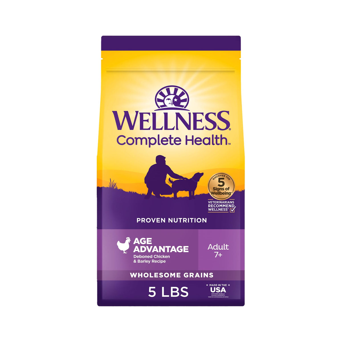 Wellness Complete Health Age Advantage senior dog food bowl serving showing savory kibble for daily energy