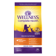 Wellness Complete Health cat food bag front showing grain-free chicken recipe for daily meals.