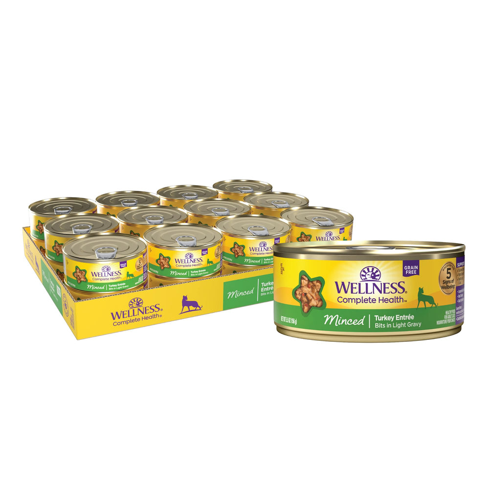 Wellness Complete Health cat minced turkey entree bowl presentation, supporting hydration and balanced nutrition.