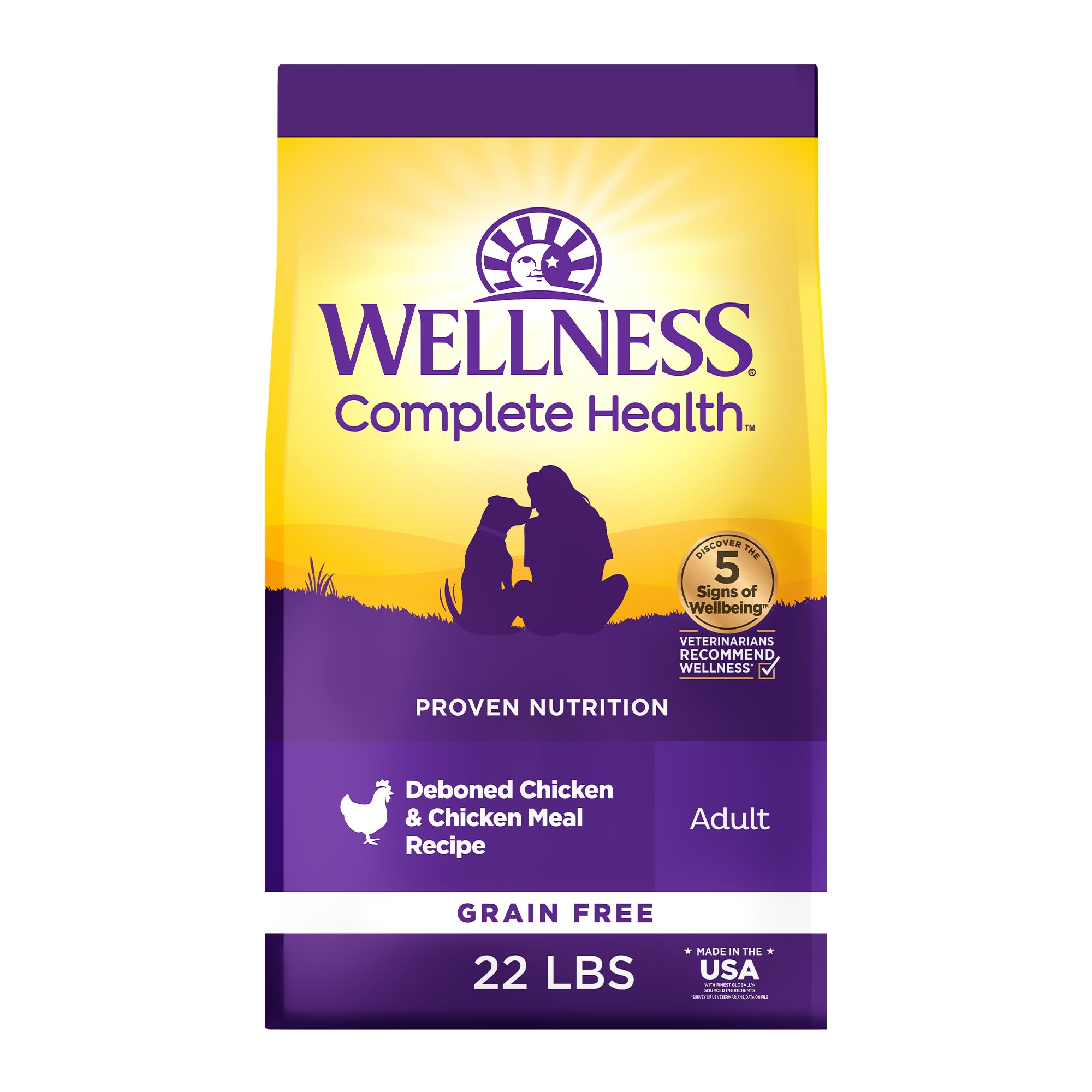 Wellness Complete Health chicken dry dog food 22 lb bag illustrating grain-free nutrition for adults.