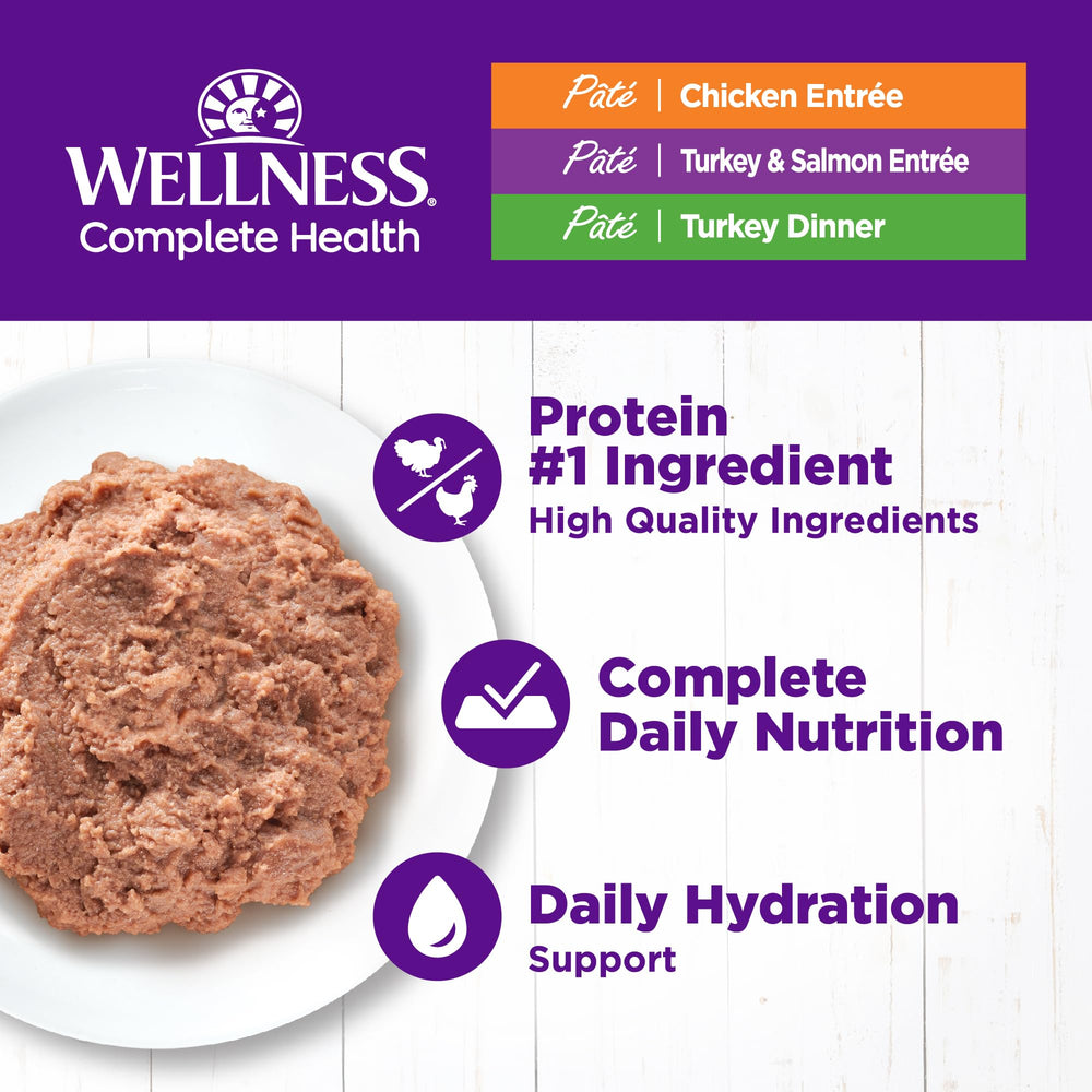 Wellness Complete Health chicken pate can, high-protein daily option.