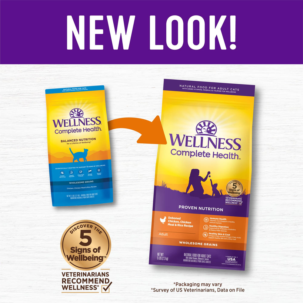 Wellness Complete Health chicken-recipe kibble close-up highlighting real chicken