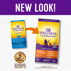 Wellness Complete Health chicken-recipe kibble close-up highlighting real chicken