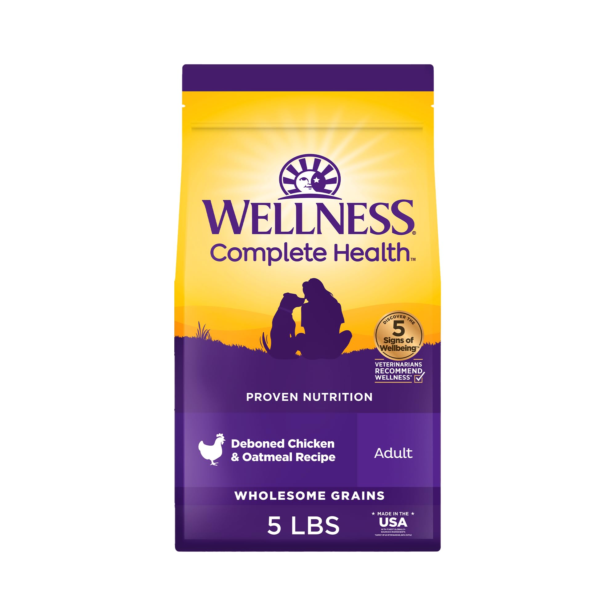 Wellness Complete Health chicken and oatmeal kibble in 5 lb bag for adult dogs