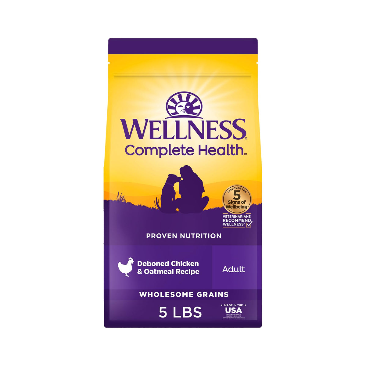 Wellness Complete Health chicken and oatmeal kibble in 5 lb bag for adult dogs