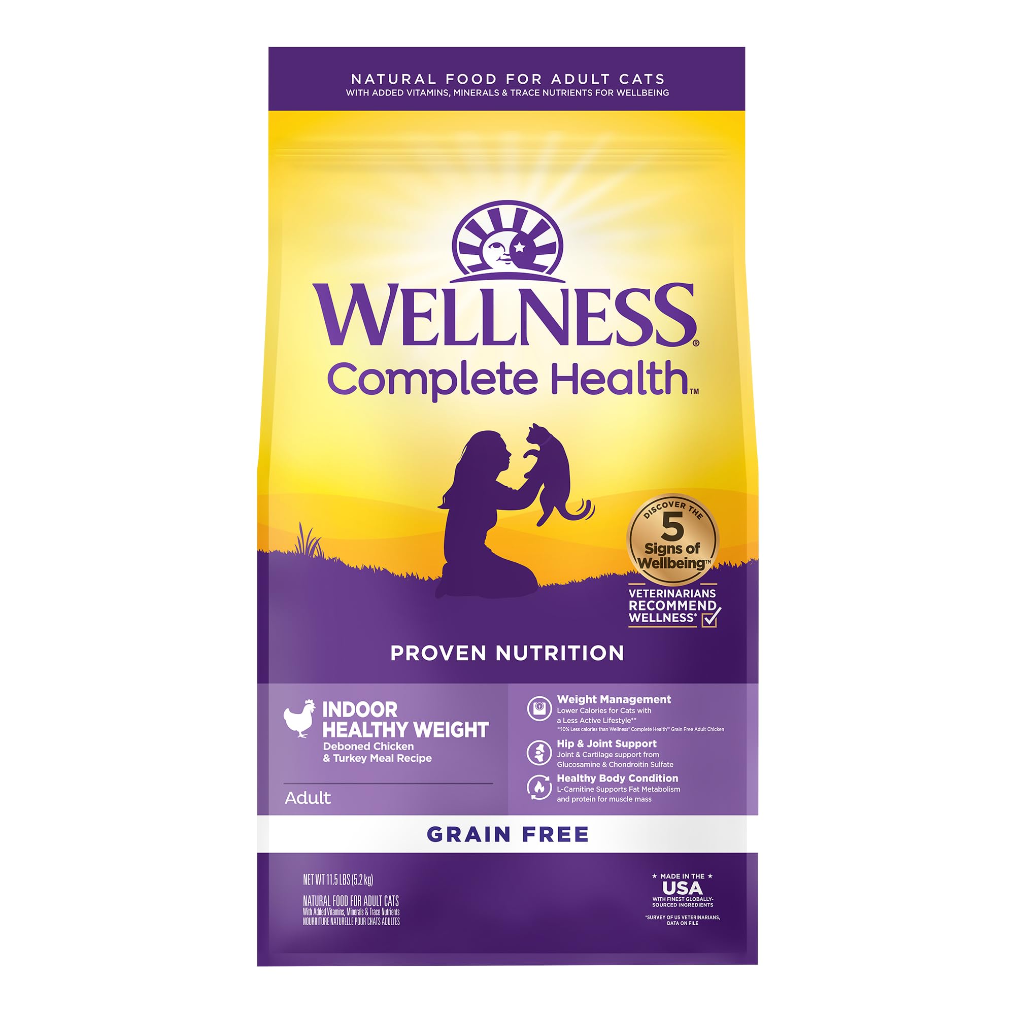 Wellness Complete Health Indoor Cat Food bag displays 11.5 lb size for daily feeding.