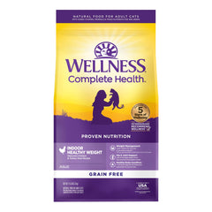 Wellness Complete Health Indoor Cat Food bag displays 11.5 lb size for daily feeding.