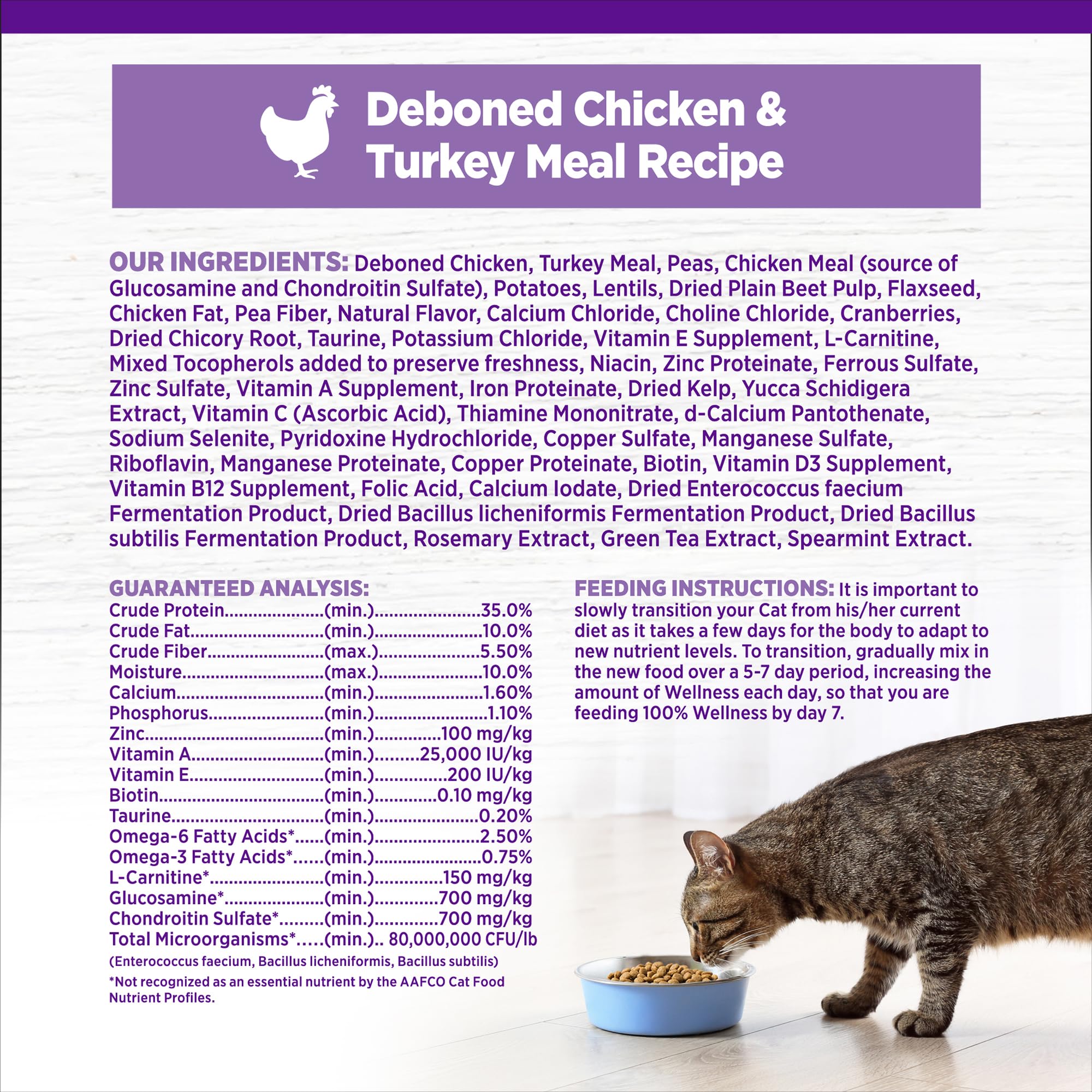 Wellness Complete Health weight-management formula for indoor cats with fiber and L-Carnitine.