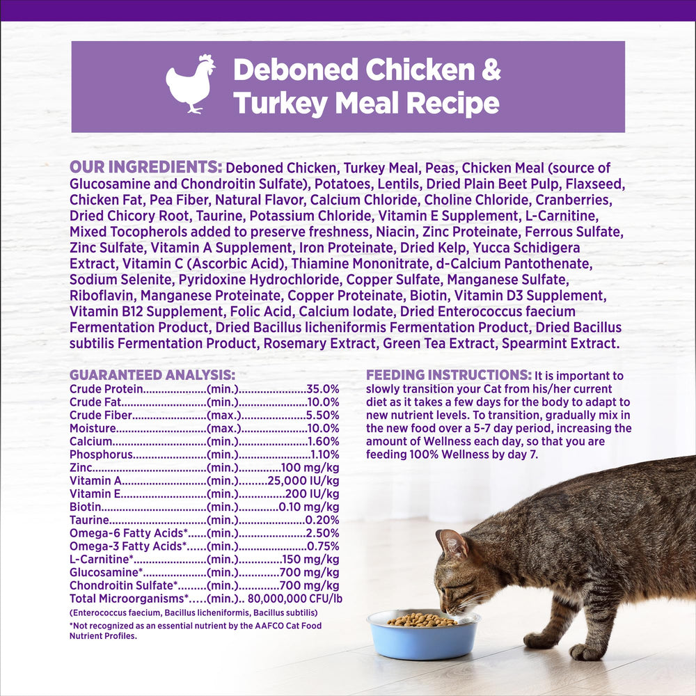 Wellness Complete Health weight-management formula for indoor cats with fiber and L-Carnitine.