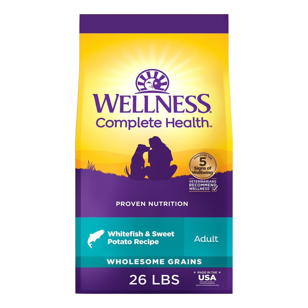 Wellness Complete Health bag shows whitefish recipe for balanced canine nutrition