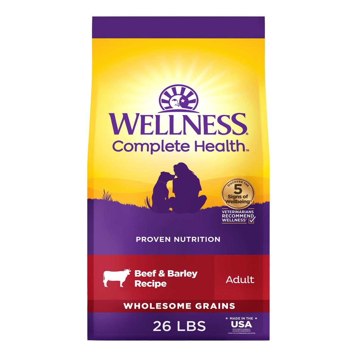 Wellness Complete Health dry dog food bag shows premium beef and barley nutrition for daily meals.