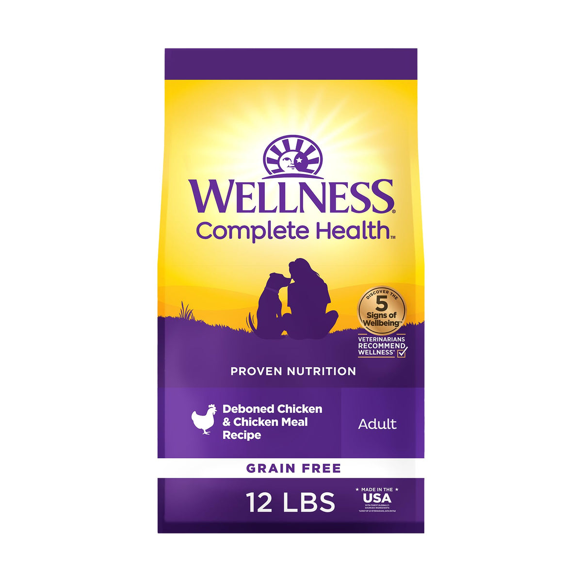Wellness Complete Health dry dog food chicken recipe in bag for adult dogs' balanced nutrition.